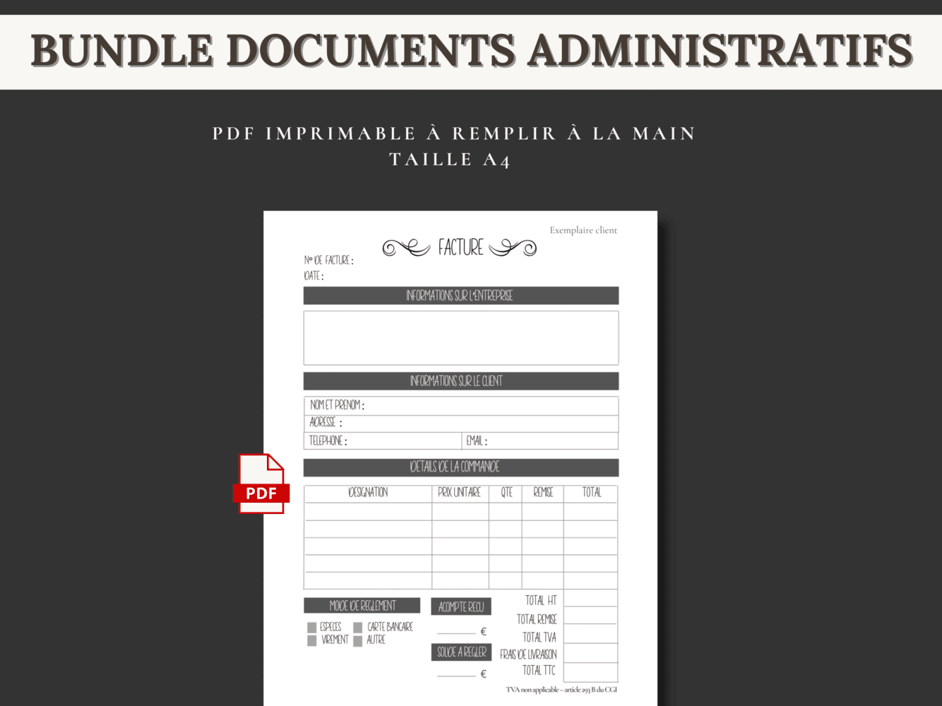 Modèle de facture PDF à imprimer pour couturière ou créatrice – document professionnel avec mentions légales obligatoires