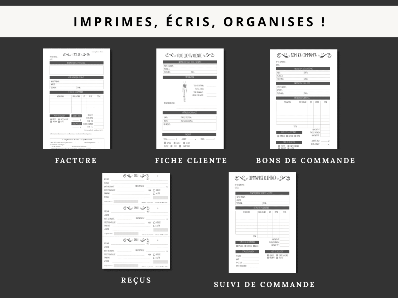 Bundle administratif PDF à imprimer pour couturières et créatrices – facture, bon de commande, fiche client, reçu et carnet de commande