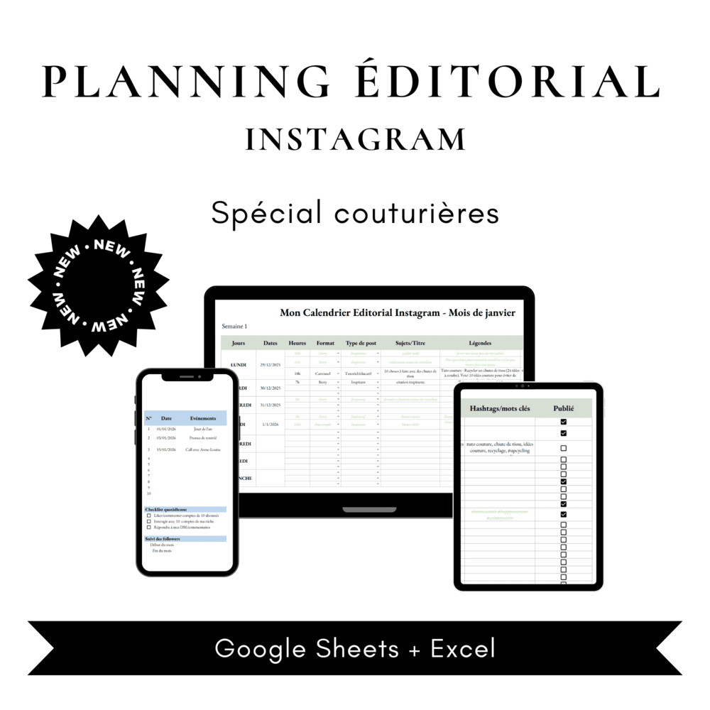 Organisateur Instagram spécial couturières – Planning éditorial 12 mois pour publier avec régularité sans perdre de temps