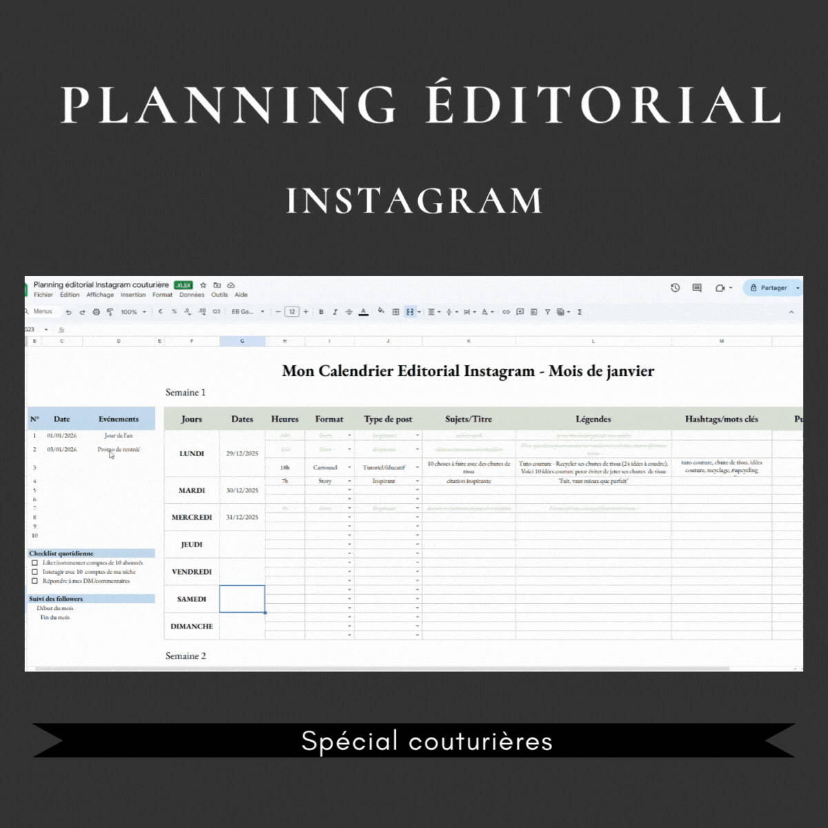 calendrier éditorial de contenu instagram pour couturières et créatrices artisanales
