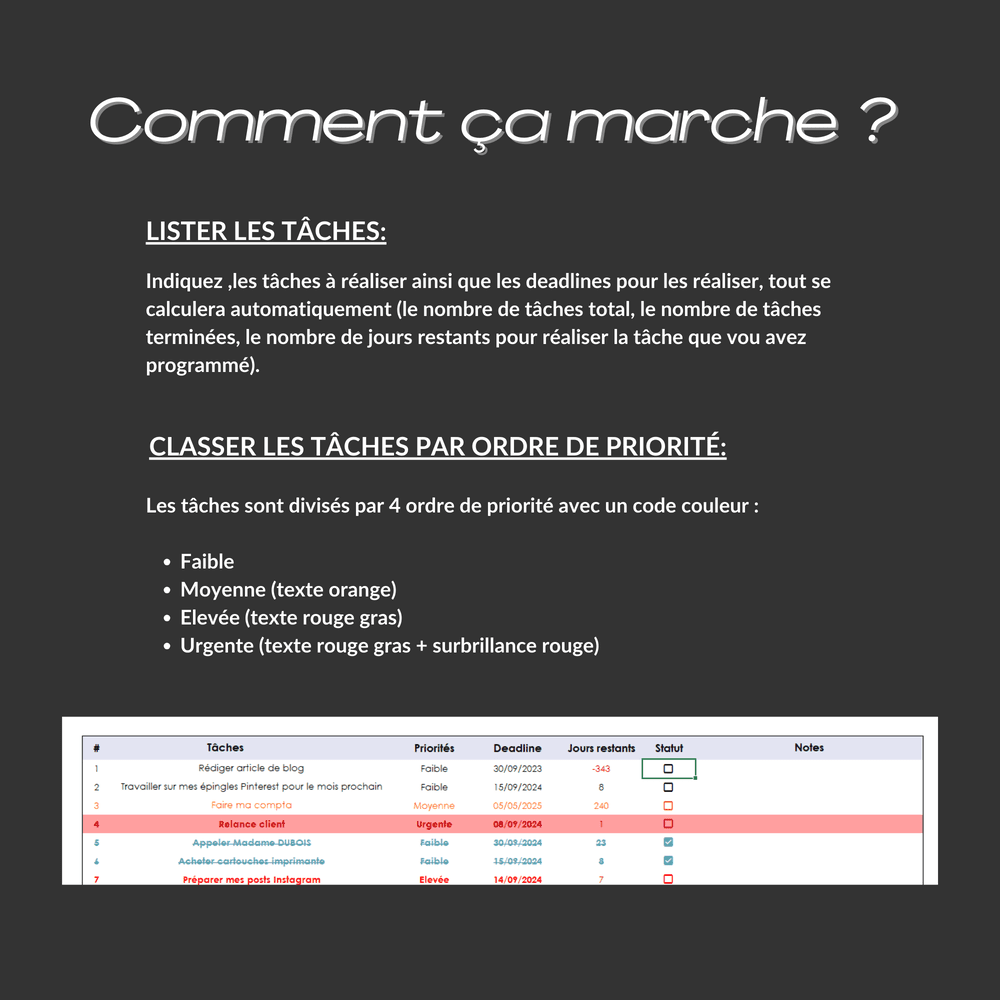 Modèle de Check list Excel Google Sheets à télécharger, pour gérer efficacement ses tâches quotidiennes – Image 5