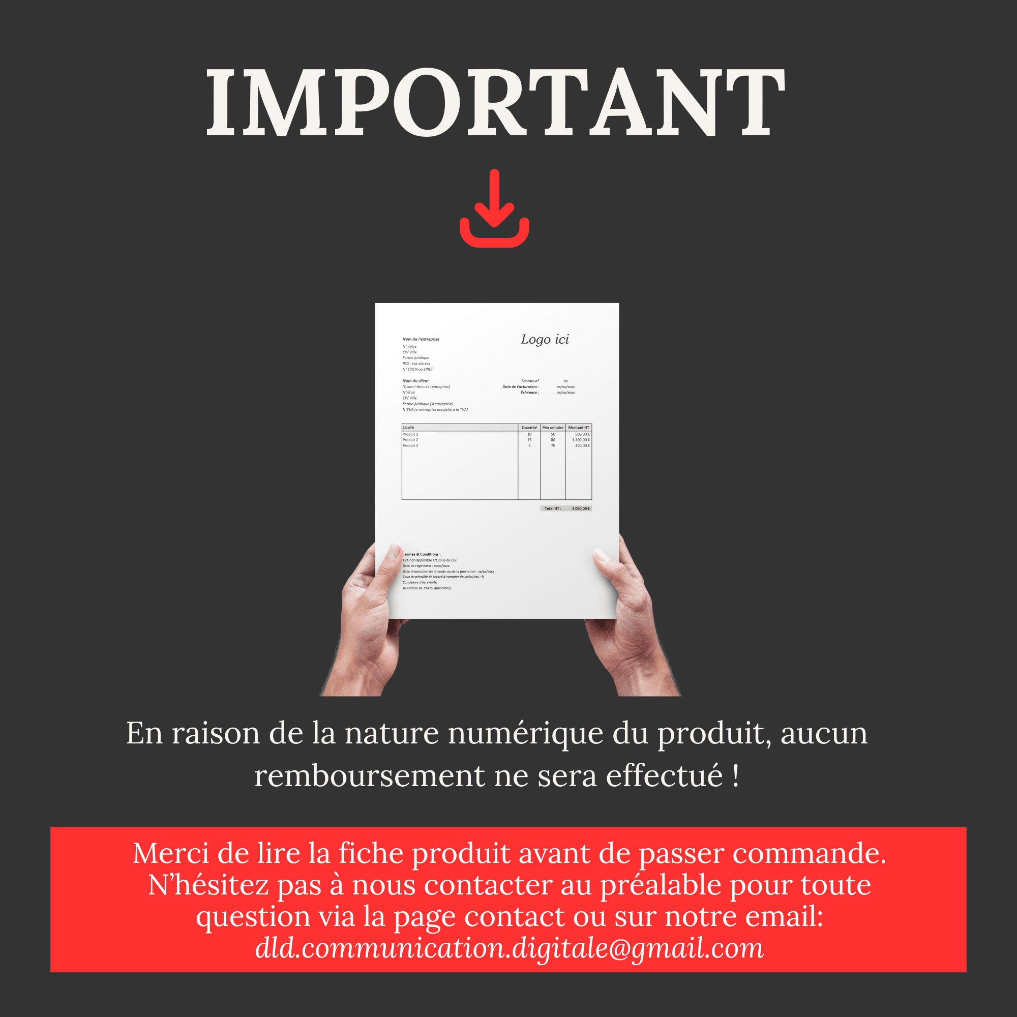 Modèle de Facture auto-entrepreneur sans TVA Excel pour Produits et Prestations de service – Image 5