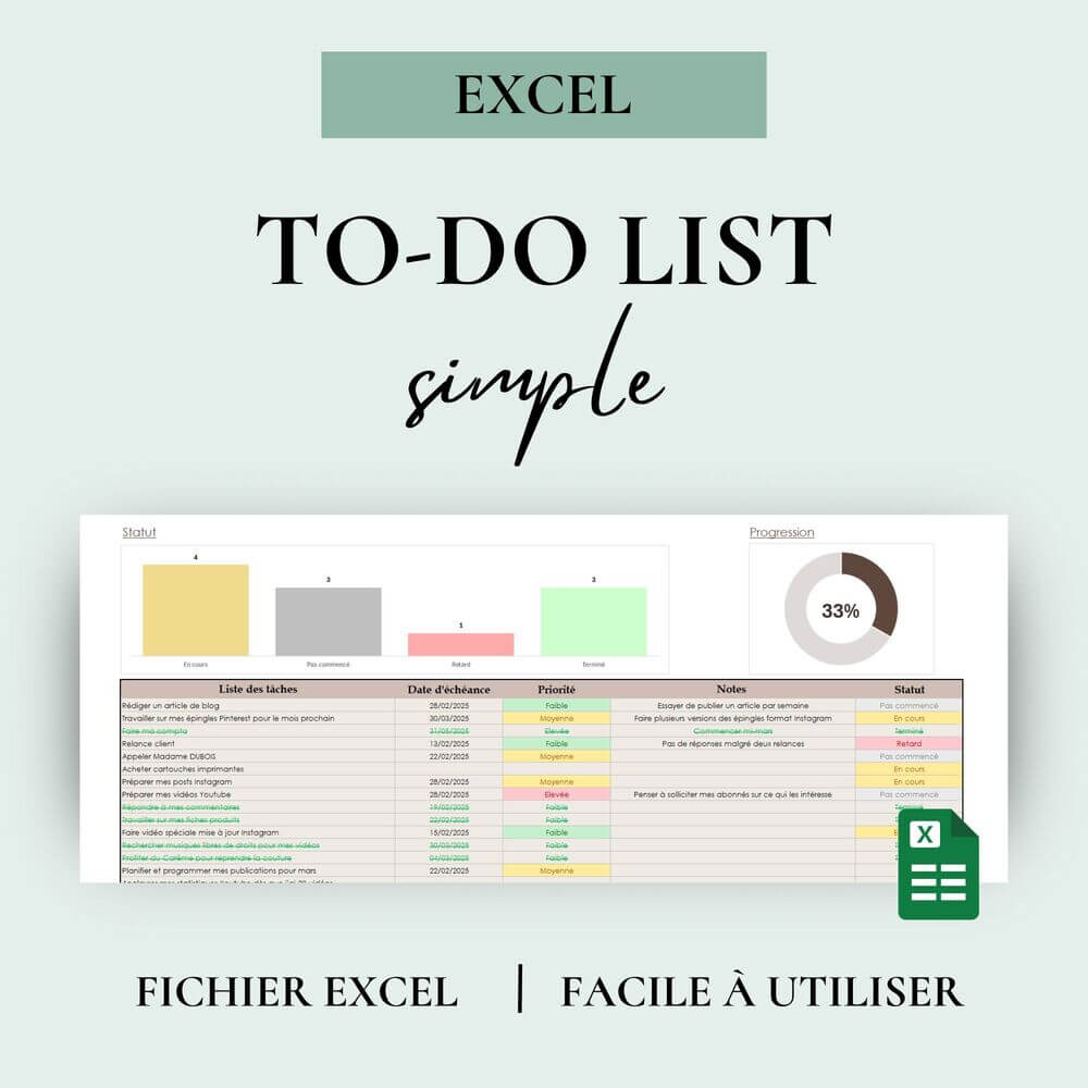 tableau de bord excel suivi des tâches