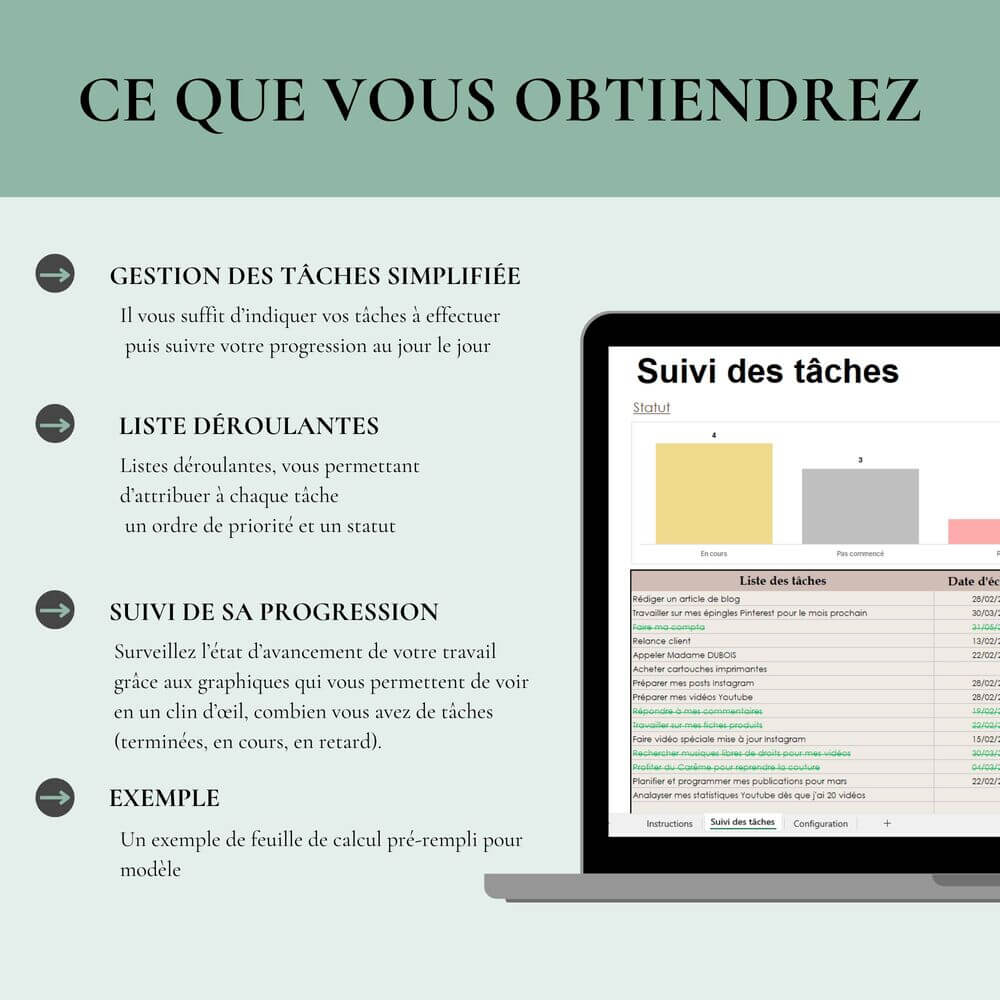 tableau de bord excel suivi des tâches